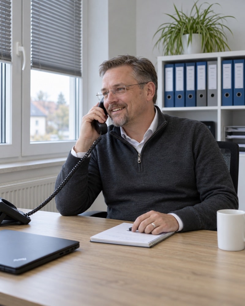 Versicherungsmakler telefoniert zufrieden mit einem Kunden in seinem Büro